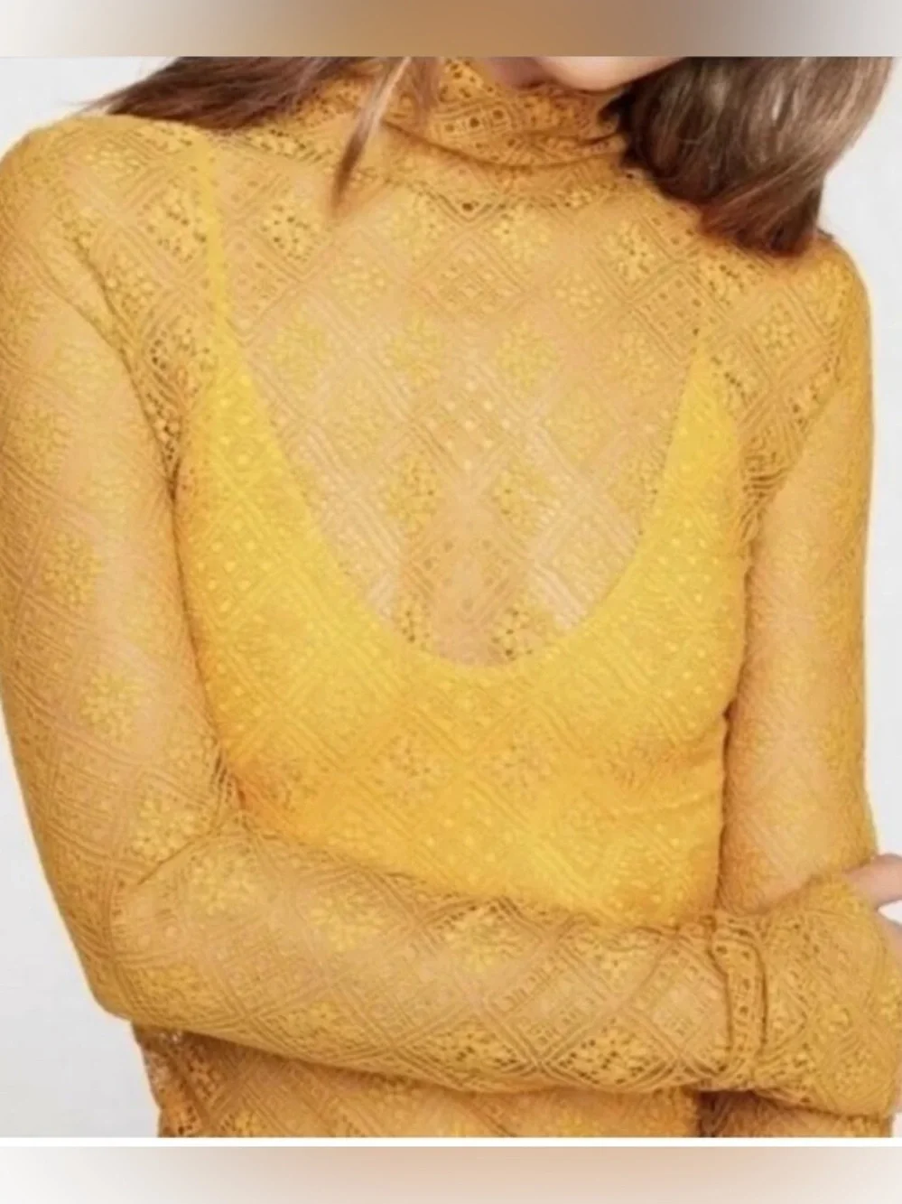 Intimately Free People Sweet Memories Sheer Lace Turtleneck Mustard Yellow XS - Picture 13 of 14